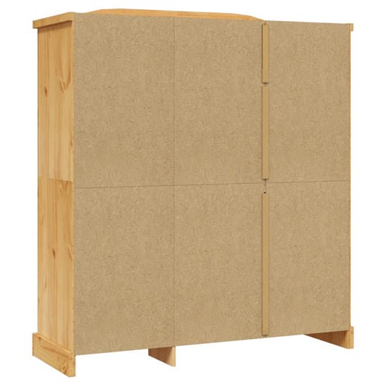Back view of a natural wood 3-door wardrobe showing wooden frame and particleboard backing.