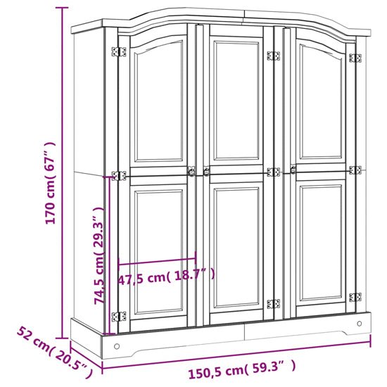 Line drawing of a 3-door traditional pine wardrobe with dimensions: H 170cm, W 150.5cm, D 52cm.