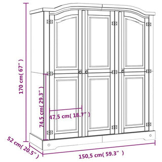 Line drawing of the CHOICEWARDROBE Norland Pine 3 Door Wardrobe, natural wood finish with black metal hinges; dimensions: height 170 cm, width 150.5 cm, depth 52 cm, internal heights 74.5 cm & 47.5 cm; classic rustic bedroom piece.