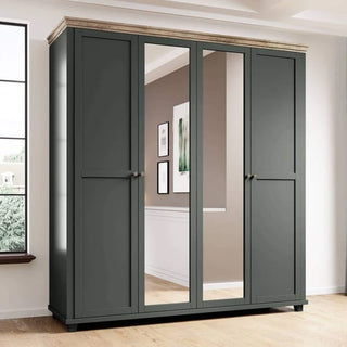 ChoiceWardrobe Norrin Deep Green and Oak 4 Door Mirrored Wardrobe styled in elegant country house bedroom setting