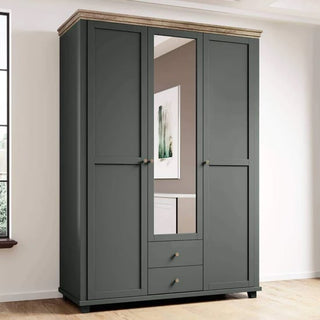 The CHOICEWARDROBE Norrin Deep Green & Oak Mirrored Wardrobe has three doors with a central mirror, two drawers, and a wooden top—pairing modern country style with practical storage from Furniture in Fashion.