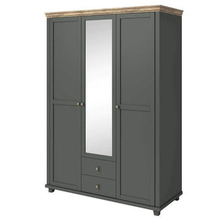 The CHOICEWARDROBE Norrin is a deep green & oak 3-door mirrored wardrobe with drawers, featuring a full-length central mirror and sleek modern country design—ideal for stylish, organized storage.
