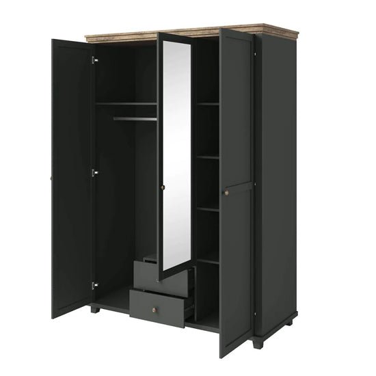 CHOICEWARDROBE deep green & oak 3-door mirrored wardrobe with drawers