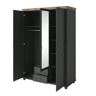 The CHOICEWARDROBE Norrin Deep Green & Oak Mirrored Wardrobe is a stylish 3-door wardrobe featuring modern country design, a full-length mirror, hanging rod, four shelves, and two drawers for generous storage.