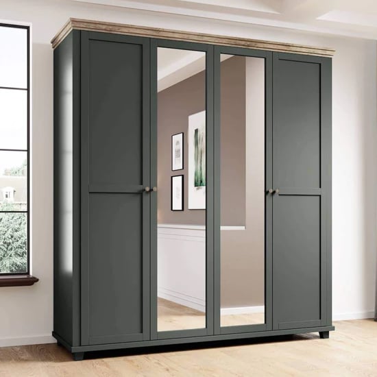 Deep Green & Oak 4 Door Mirrored Wardrobe - Country House Design
