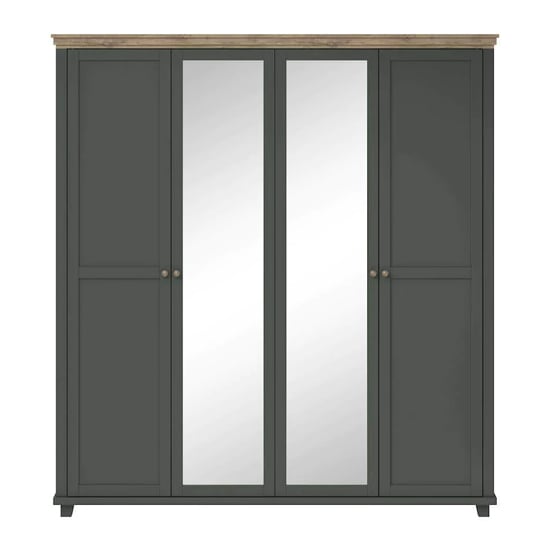 Four-door deep green wardrobe with two mirrored central panels and Lefkas oak effect top trim.
