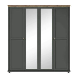 The CHOICEWARDROBE Norrin Deep Green & Oak Mirrored Wardrobe features four doors in an elegant country house style. The central doors have full-length mirrors, while the outer doors are solid, finished with a wooden top and round handles.