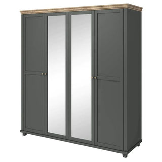 Front view of ChoiceWardrobe Norrin Deep Green 4 Door Wardrobe with oak top and mirrored centre panels