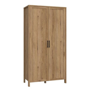 The CHOICEWARDROBE Norvik is a medium Scandinavian 2-door wardrobe in Waterford Oak with black handles and four legs, featuring a rustic finish.