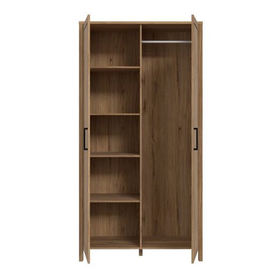 CHOICEWARDROBE Norvik Oak 2 door wardrobe open, showing shelves left, hanging rail right, black handles.