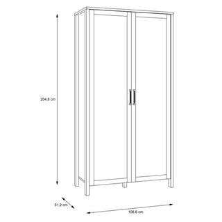 Line drawing of the CHOICEWARDROBE Norvik Waterford Oak 2 Door Wardrobe with black metal handles in a Scandinavian rustic finish, showing dimensions: 204.8 cm tall, 106.6 cm wide, and 51.2 cm deep.