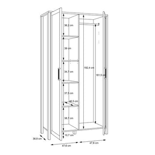 Black and white line drawing of the CHOICEWARDROBE Norvik Waterford Oak 2 Door Wardrobe, featuring shelves on the left, a hanging section on the right, labeled compartment sizes in cm, and black metal handles with a Scandinavian rustic finish.
