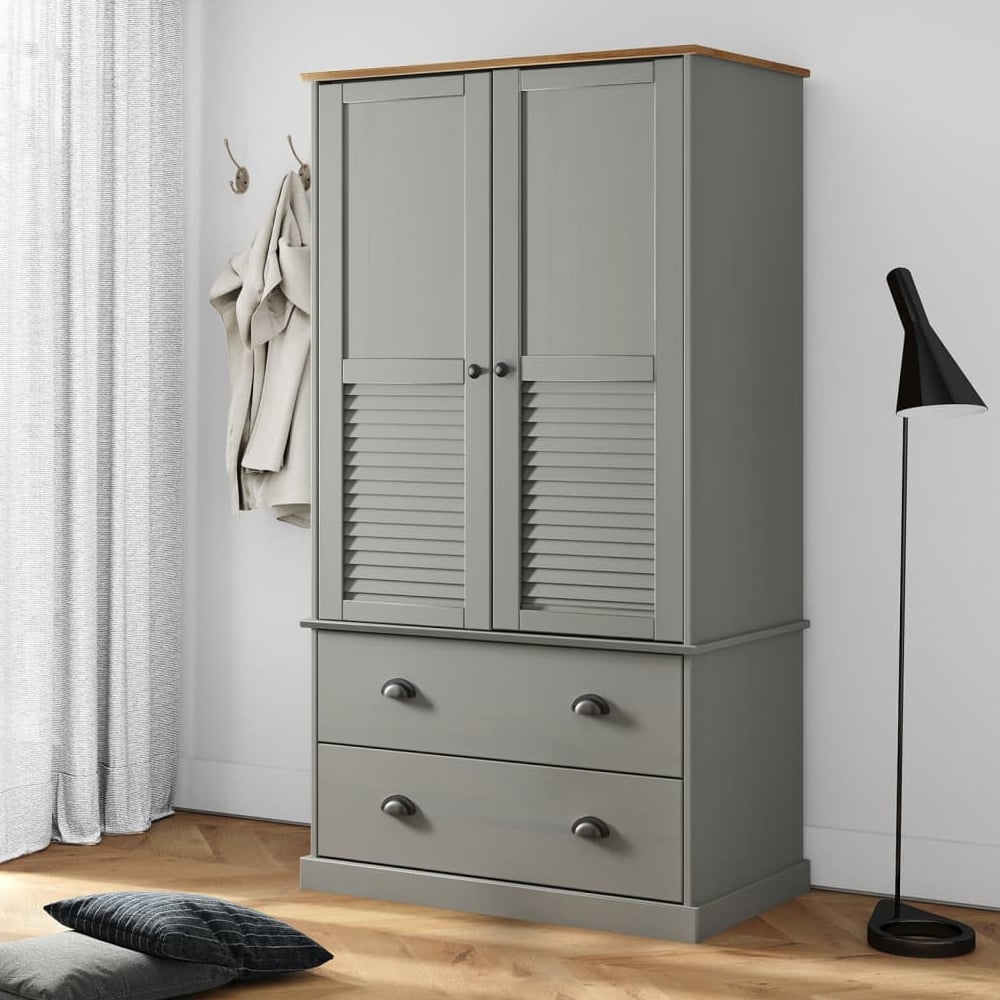 CHOICEWARDROBE Norwyn grey wardrobe with oak top, two louvre doors and two drawers.