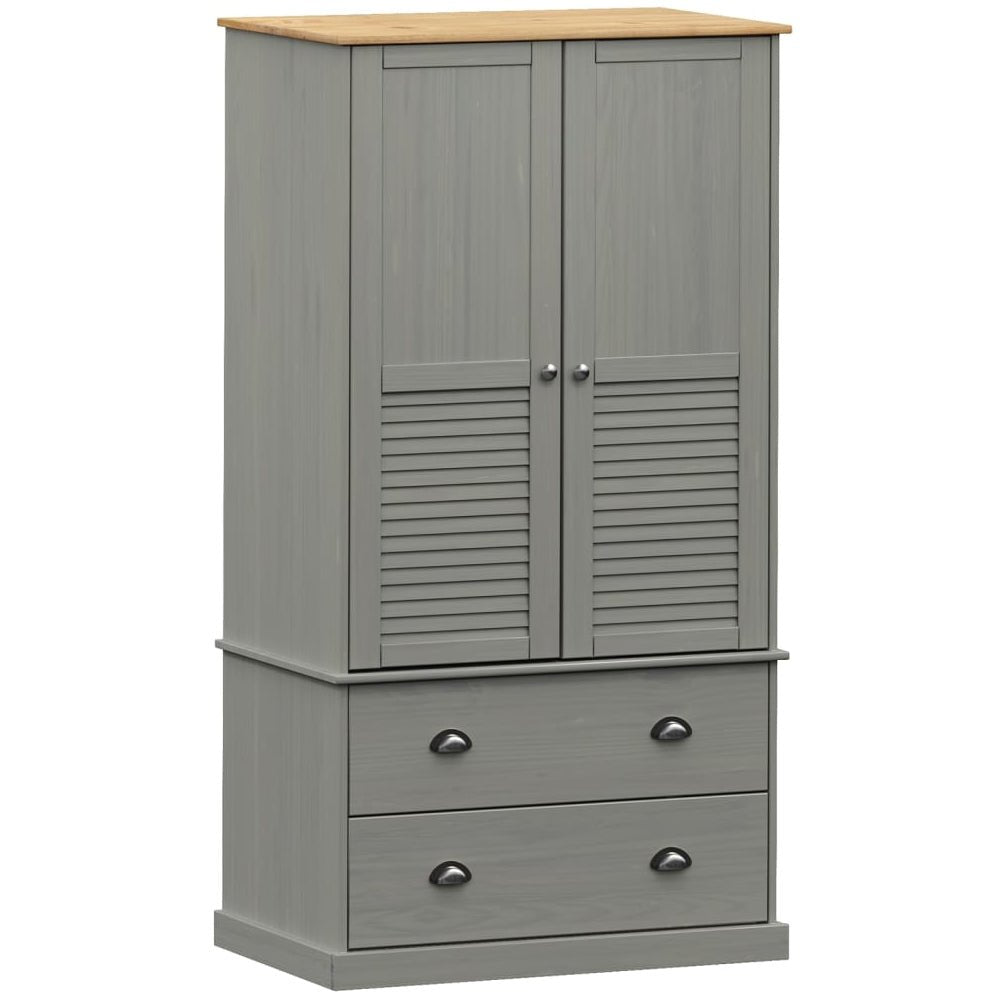 Grey wooden wardrobe with two louvre doors, oak top, and two storage drawers