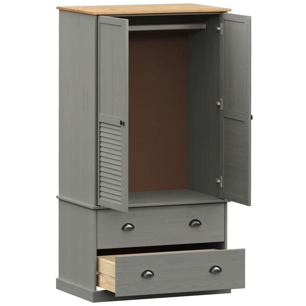 Grey wooden wardrobe with two louvre doors, open interior with hanging rail, two drawers and oak top.