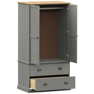 The CHOICEWARDROBE Norwyn Grey Wooden Wardrobe features louvre doors, a hanging rod with open space inside, two drawers, and a contrasting solid oak top.