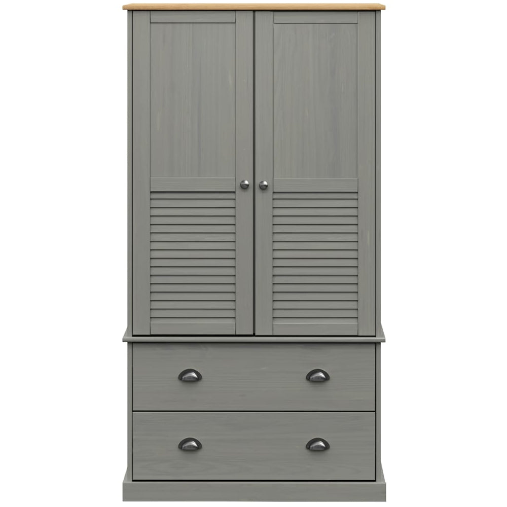 Grey wooden wardrobe with two louvre doors, oak top, and two drawers with metal pull handles.
