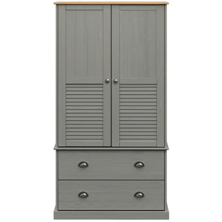 The CHOICEWARDROBE Norwyn Grey Wooden Wardrobe features two louvred doors and two drawers with metal handles, a grey finish, and an oak top for added style.