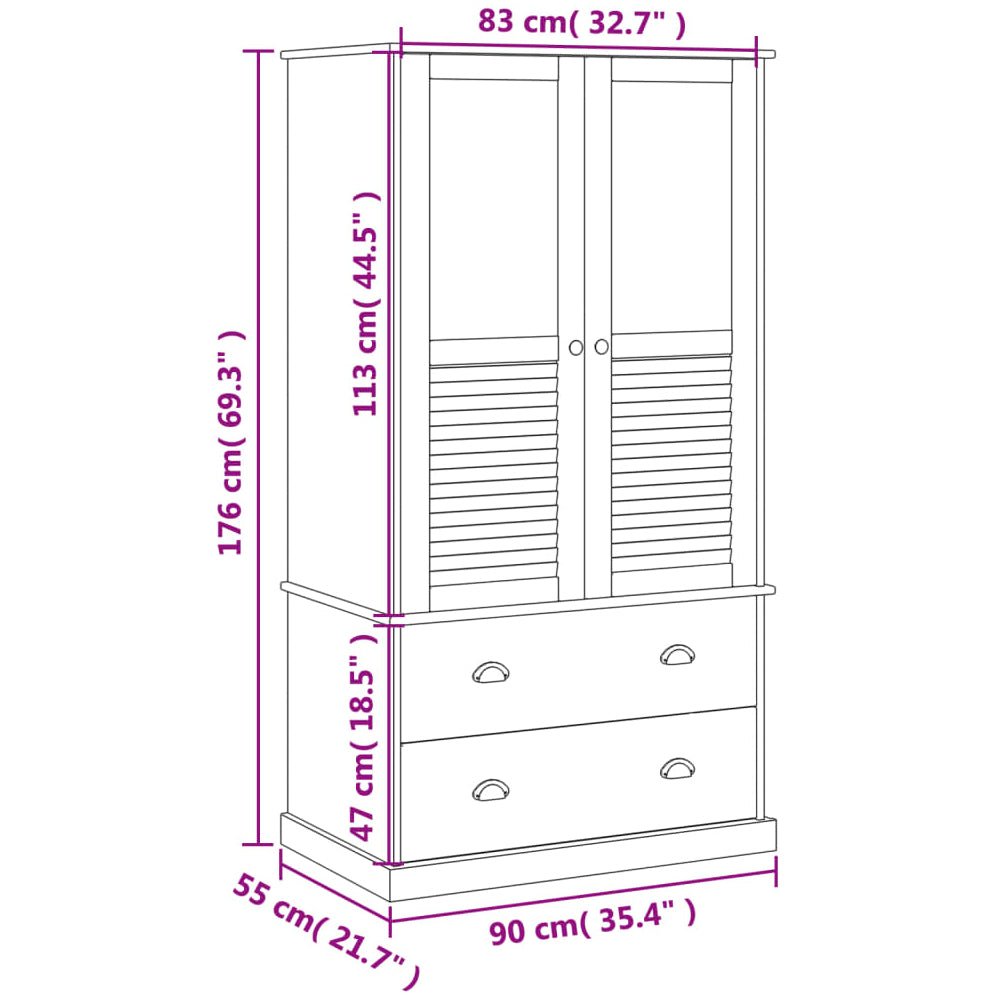 Line drawing of Norwyn wardrobe: H176cm, W90cm base, D55cm, with 2 doors and 2 drawers.