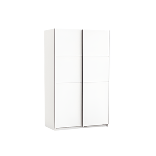 The CHOICEWARDROBE Nova 120cm White Sliding Door Wardrobe showcases a compact, modern design with smooth panels and two space-saving sliding doors, pictured against a plain white background.