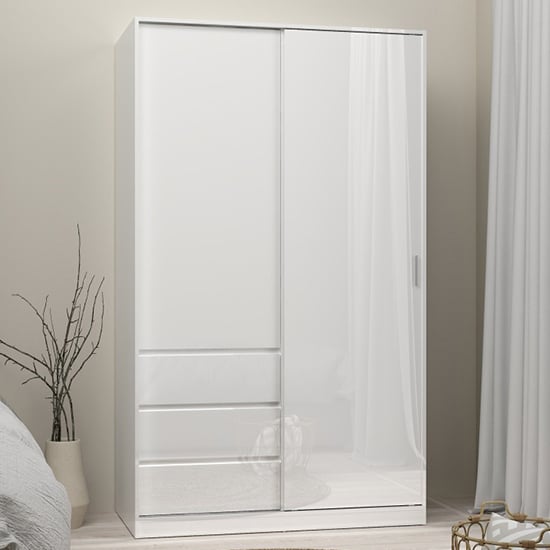 White high gloss sliding door wardrobe with 3 integrated drawers