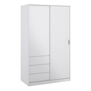 The CHOICEWARDROBE Novara High Gloss Sliding Door Wardrobe features a sleek white finish, 3 integrated drawers on the left, and a large high gloss sliding door with a discreet handle for modern bedroom style.