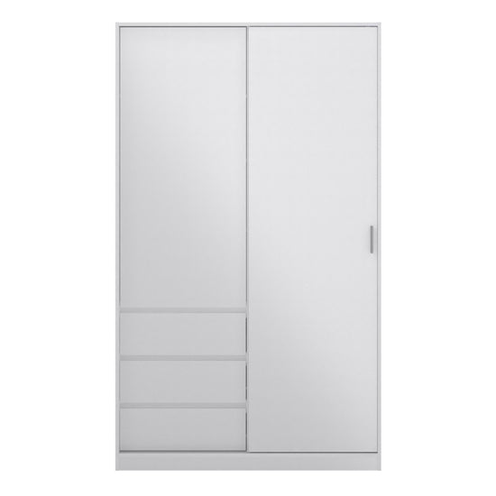 White high gloss sliding door wardrobe with three integrated drawers on the left.