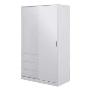 The CHOICEWARDROBE Novara High Gloss Sliding Door Wardrobe in white features two doors and three integrated drawers—its sleek, modern design is ideal for contemporary bedrooms.
