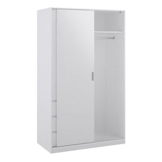 The CHOICEWARDROBE Novara High Gloss Sliding Door Wardrobe in white features a modern, minimalist design with 3 integrated drawers, a metal hanging rod, and ample lower storage space.