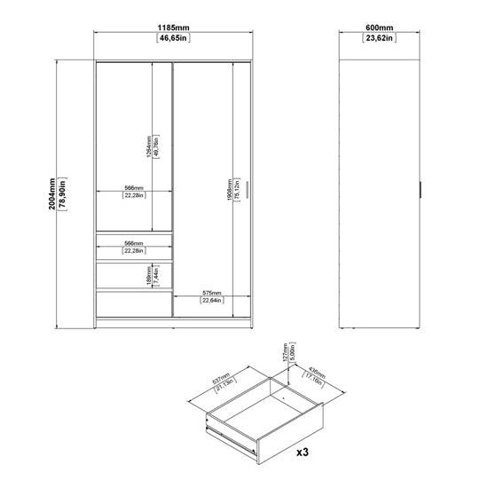 CHOICEWARDROBE Novara sliding door wardrobe technical drawing with 3 drawers, white finish.