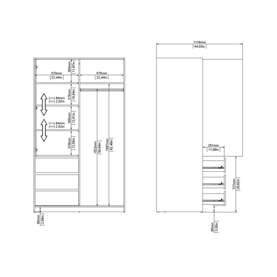 Technical drawing of white high gloss sliding door wardrobe with dimensions.