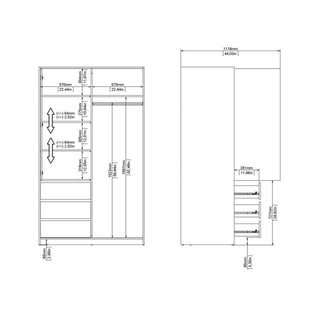 Technical line drawing of the CHOICEWARDROBE Novara High Gloss Sliding Door Wardrobe in White Finish with 3 integrated drawers, featuring labeled millimeter and inch dimensions for width, height, depth, and internal compartments in front and side views.