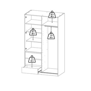 Line drawing of CHOICEWARDROBE Novara High Gloss Sliding Door Wardrobe (white, 3 drawers): shelves hold 22 lbs each, clothes rail holds 48 lbs, drawers hold 8 lbs each, and bottom shelf holds 18 lbs.