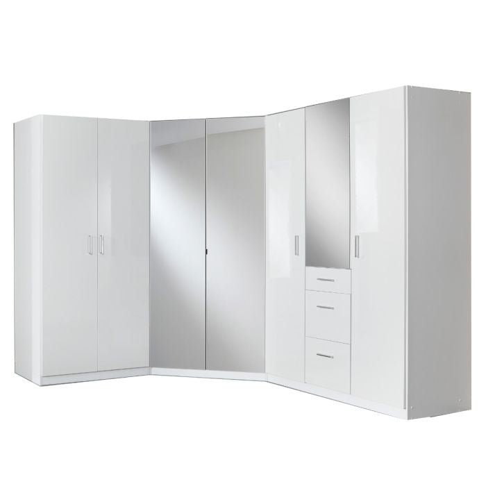 White gloss corner wardrobe with 2 mirrored doors