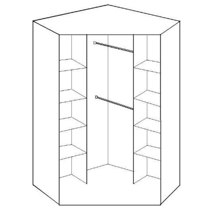 Line drawing of CHOICEWARDROBE Novare corner wardrobe internal layout with shelves and hanging rails