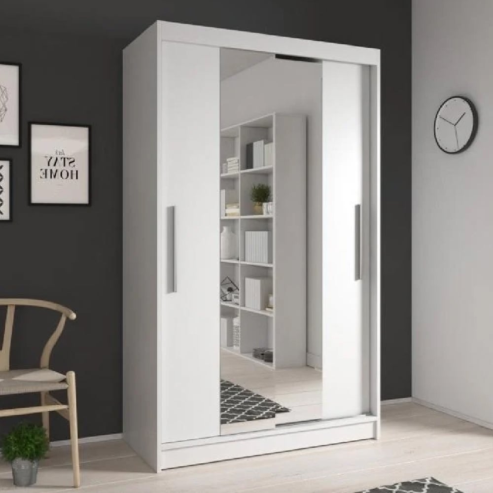 CHOICEWARDROBE 120cm 2 door gloss white sliding wardrobe with mirrored panel reflecting a bookshelf.