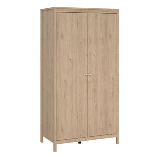The CHOICEWARDROBE Noven Oak 2 Door Wardrobe features a compact, rectangular oak finish, two doors with small round handles, and a Scandinavian minimalist design—ideal for stylish bedroom storage and organization.