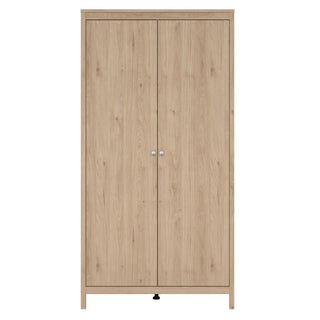 The CHOICEWARDROBE Noven Oak 2 Door Wardrobe features a compact, Scandinavian minimalist design in a light natural finish, with two central doors and small metal handles, making it perfect for bedroom storage.