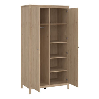 The CHOICEWARDROBE Noven Oak 2 Door Wardrobe features a compact Scandinavian minimalist design with two open doors revealing eight compartments, a hanging rod, an oak finish, and sturdy four-leg support—ideal for stylish bedroom storage.