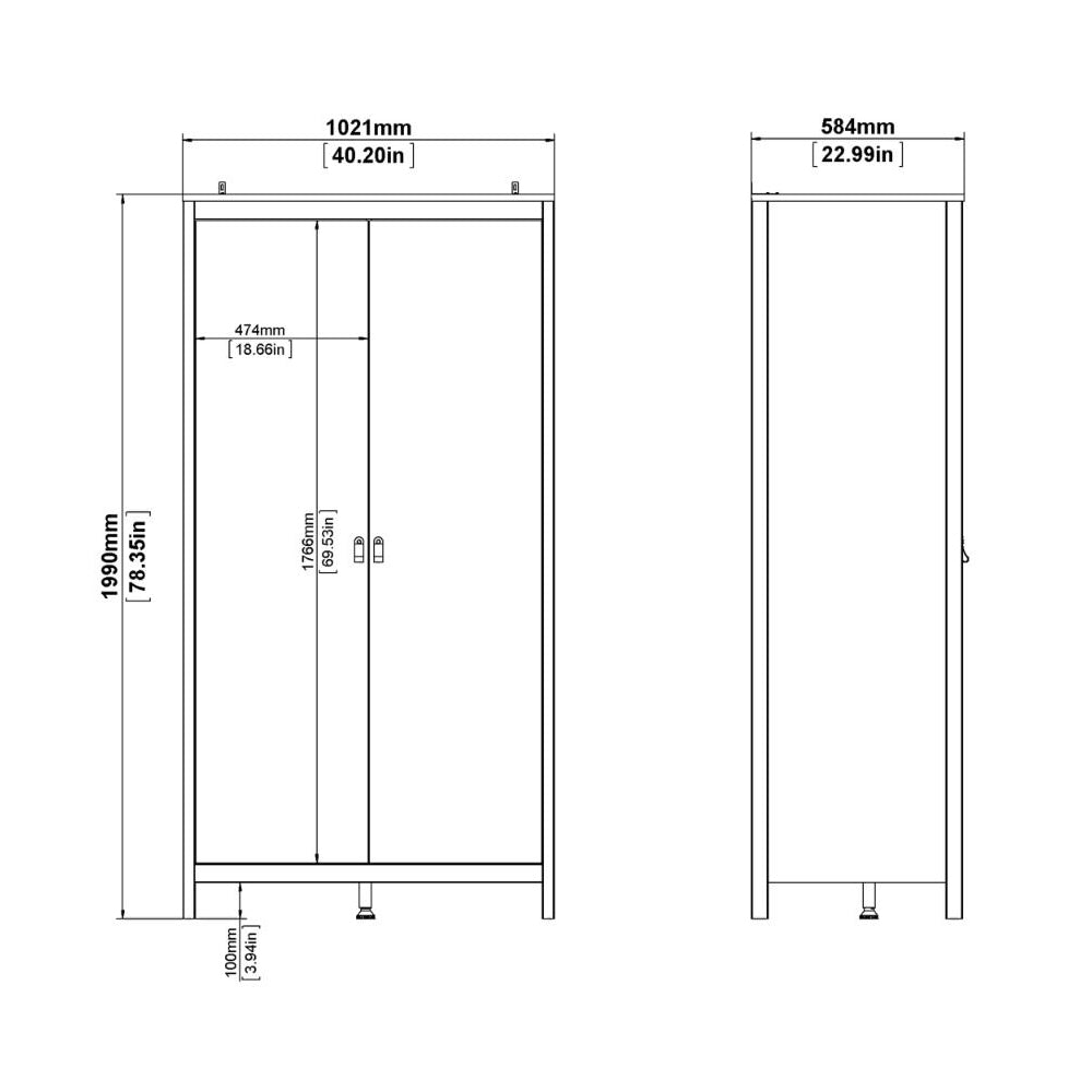 Technical drawing of CHOICEWARDROBE Noven Oak 2 Door Wardrobe, 1021mm W x 1990mm H x 584mm D.