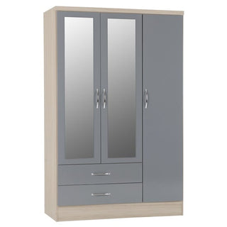 The CHOICEWARDROBE Nunky 3 Door Mirrored Wardrobe features a grey gloss front, oak frame, two mirrored panels, and two drawers. It measures 116cm wide and includes silver handles on each door and drawer.