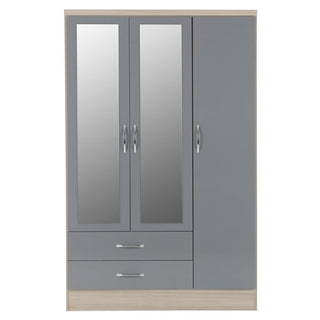 The CHOICEWARDROBE Nunky 3 Door Mirrored Wardrobe features a grey gloss front, two full-length mirrored doors, silver handles, two drawers, and an oak frame for a modern look. Width: 116cm.