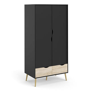 The CHOICEWARDROBE Nuvell Black & Oak 2 Door Wardrobe features angled wooden legs, two light wood-tone drawers at the bottom, and a modern minimalist design—perfect for stylish storage.
