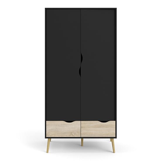 CHOICEWARDROBE Nuvell black 2-door wardrobe with 2 oak drawers and angled legs.