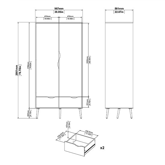Line drawing of CHOICEWARDROBE Nuvell 2-door wardrobe with drawers in black and oak finish, dimensions 2001mm H x 987mm W x 581mm D.
