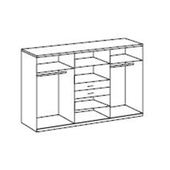 A black-and-white line drawing of the CHOICEWARDROBE Odense 6 Door Wardrobe (270 cm) in white & oak two-tone finish, with mirrored doors, drawers, hanging rails, and shelves in a modern design.