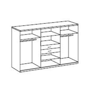 A black-and-white line drawing of the CHOICEWARDROBE Odense 6 Door Wardrobe (270 cm) in white & oak two-tone finish, with mirrored doors, drawers, hanging rails, and shelves in a modern design.