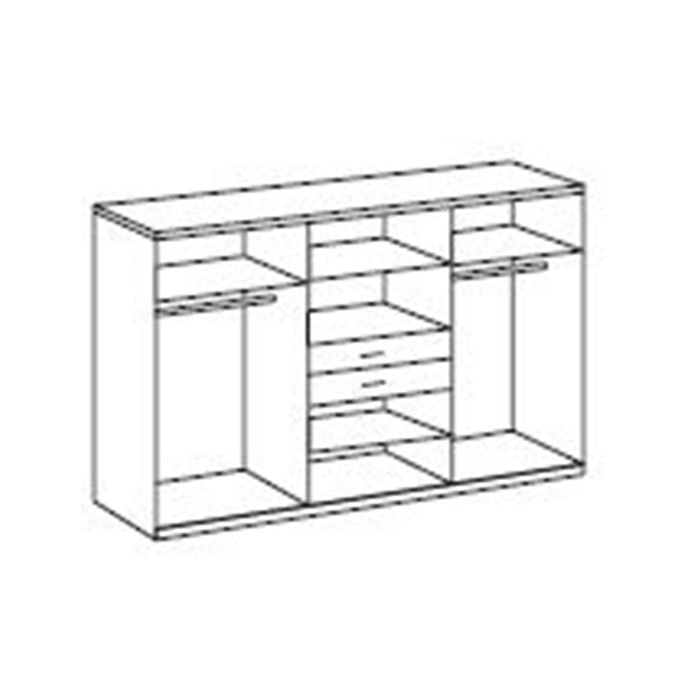Wardrobe interior layout with shelves, drawers and hanging rails.