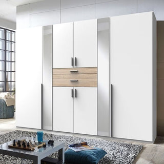 ChoiceWardrobe Odense 270 cm 6 Door Wardrobe in White and Oak Two Tone Finish – Modern Mirrored Wardrobe with Drawers and Hanging Rails