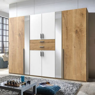 ChoiceWardrobe Odense 270 cm 6 Door Wardrobe in White and Planked Oak – Modern Mirrored Wardrobe with Drawers and Hanging Rails